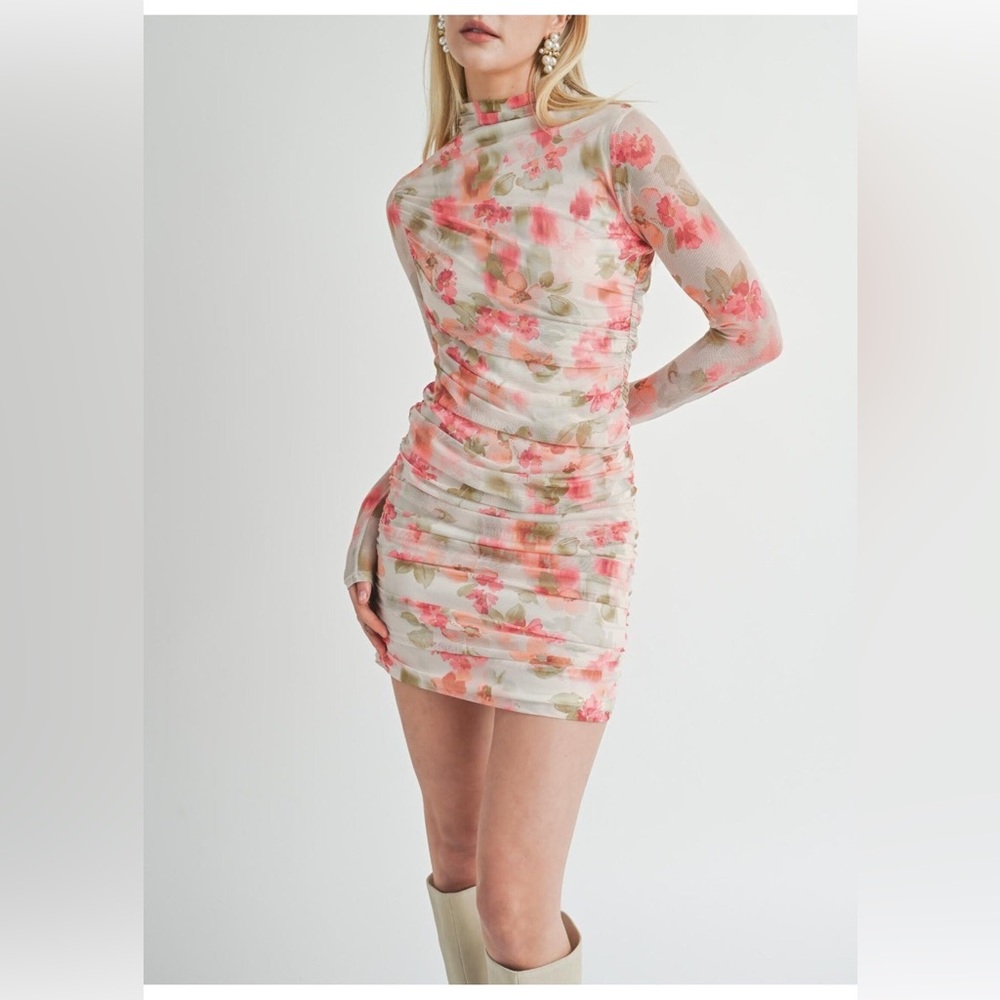 NEW SAGE THE LABEL Divine Ruched Long Sleeve Mini Dress- Ivory Multi (Size M)